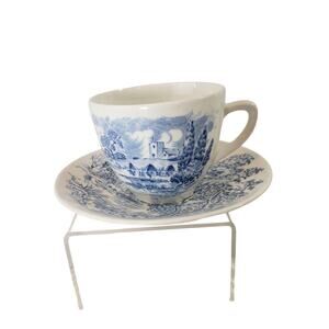 Vintage Wedgwood Countryside Ironstone Blue White Transferware Cup & Saucer